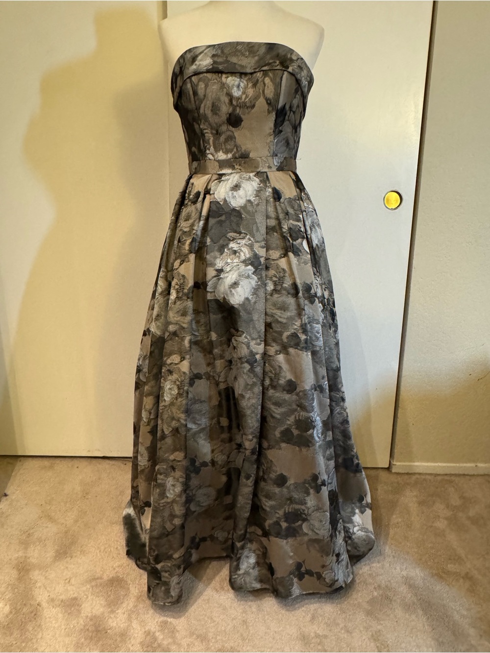 Xscape Metallic Taupe and Charcoal Floral Evening Gown